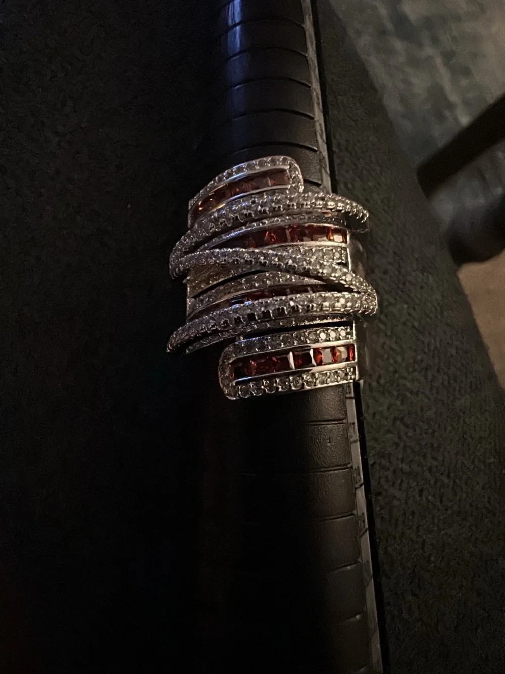 Silver-tone Ring Garnet Red Crystal Accents with thick comfort band.